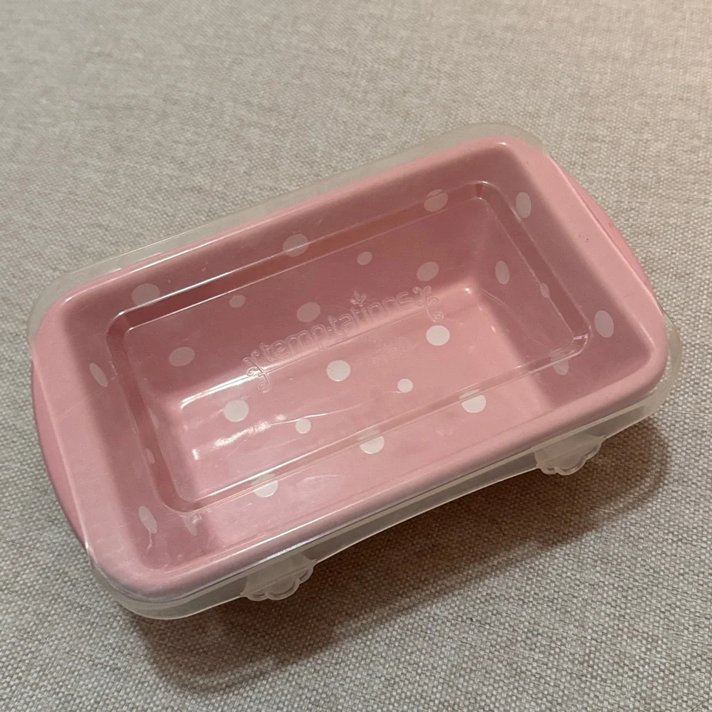 Temptations Mini Loaf Pan-Plastic Lid-12 oz-Pink/White-Ceramic-Used 1X-EUC